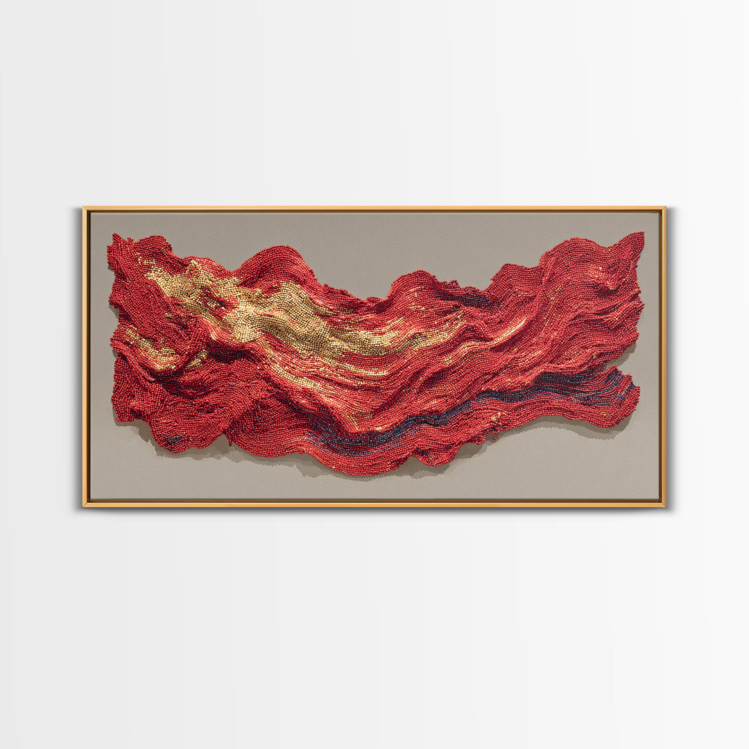 Red And Gold Beaded Wave Sculpture Wall Art, African Abstract Textile Decor, Luxury Canvas Print, Bold Contemporary Home Accent