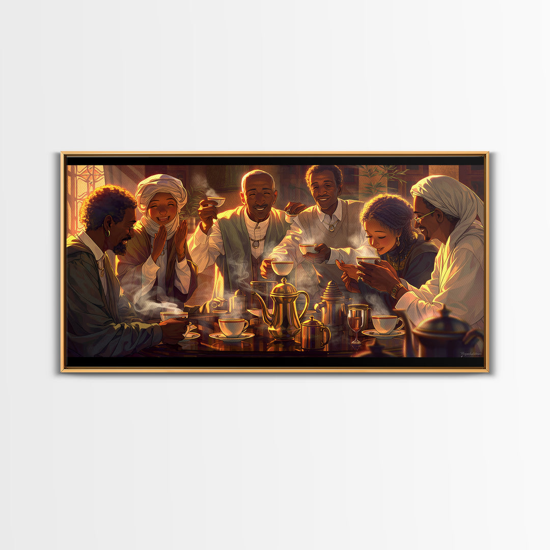 Joyful African Family Tea Gathering Wall Art, Black Culture Art Print, Warm Afrocentric Home Decor For Kitchen Or Dining Room