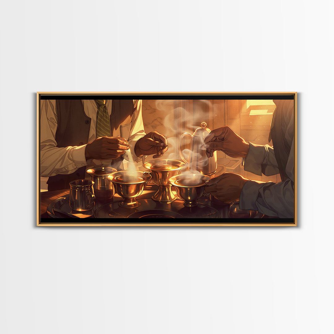 Golden Hands Pouring Tea Canvas Print, African Inspired Kitchen Wall Decor, Cultural Art Print For Warm Dining Room Home Decor