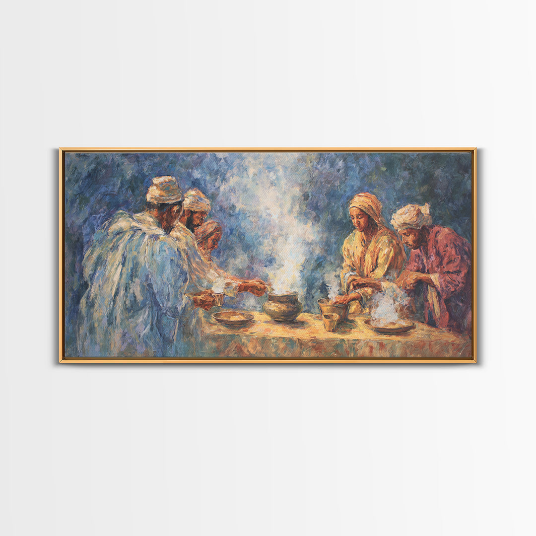 Traditional African Tea Ceremony Framed Canvas Print, Blue Robe Gathering Painting, Cultural Wall Decor For Boho Living Room
