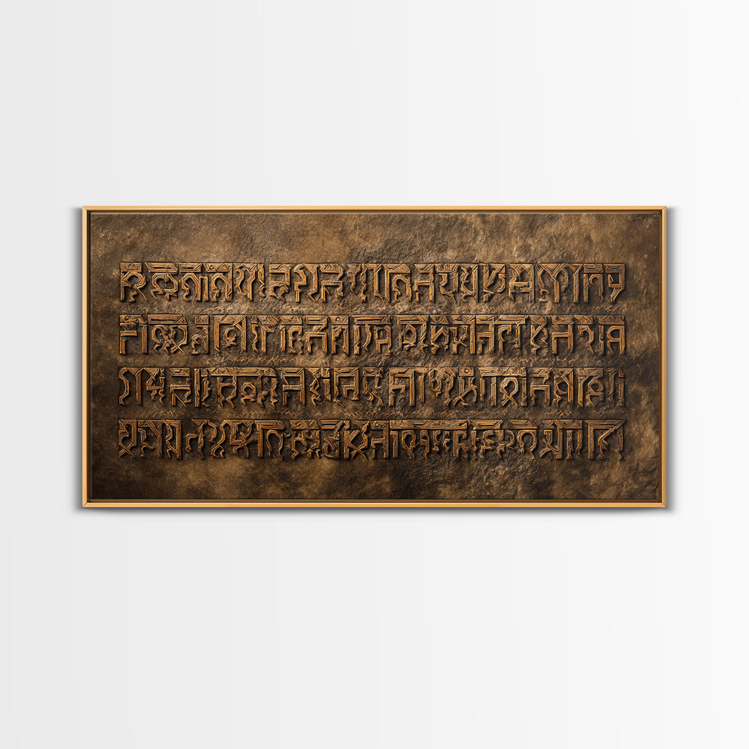 Engraved Ancient Script Canvas Print, Earth Tone Stone Calligraphy Wall Decor, Spiritual Cultural Art For Office Or Study