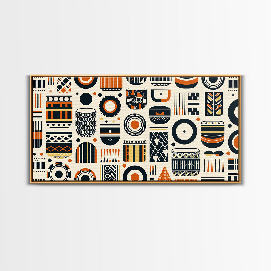 African Tribal Pattern Canvas Print, Black Orange Textile Wall Art, Afrocentric Geometric Decor, Boho Home Decor Gift For Living Room