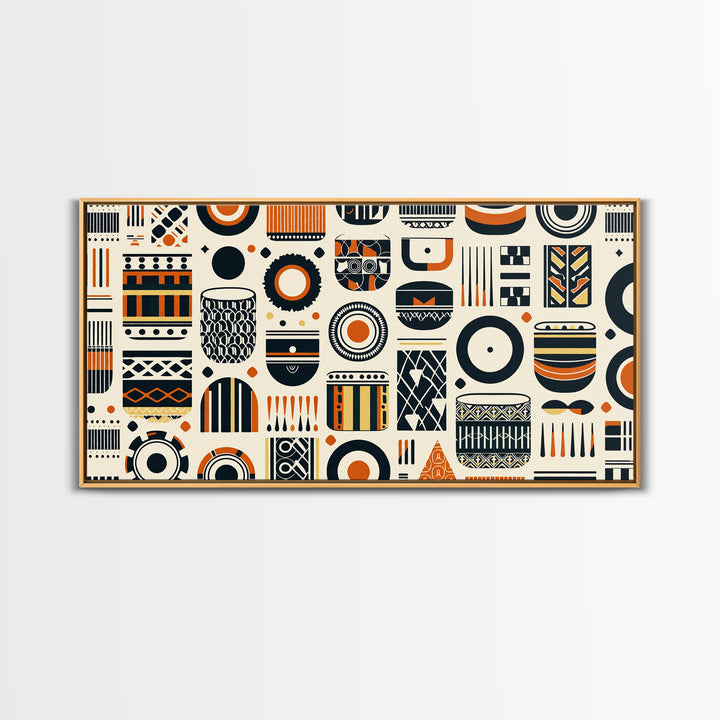 African Tribal Pattern Canvas Print, Black Orange Textile Wall Art, Afrocentric Geometric Decor, Boho Home Decor Gift For Living Room