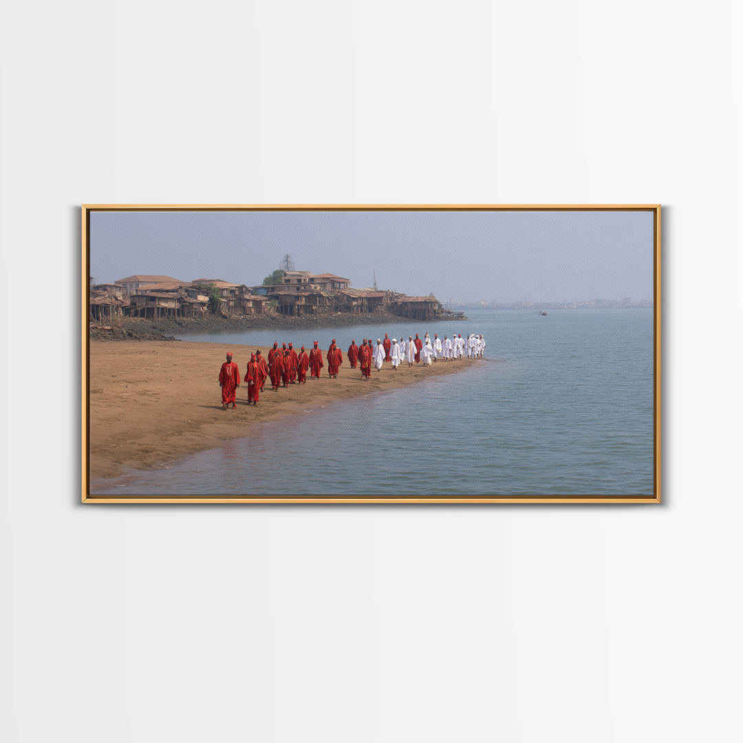 Red And White Beach Procession Wall Art, African Coastal Ceremony Canvas Print, Cultural Travel Decor For Living Room Gift