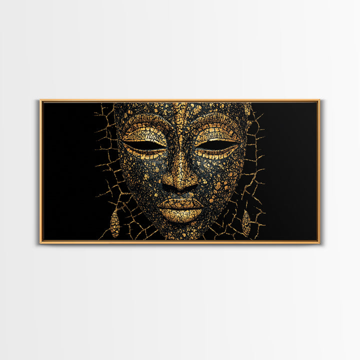 Gold Black African Mask Portrait Wall Art, Textured Tribal Mask Canvas Print, Elegant Afrocentric Decor, Luxury Home Decor