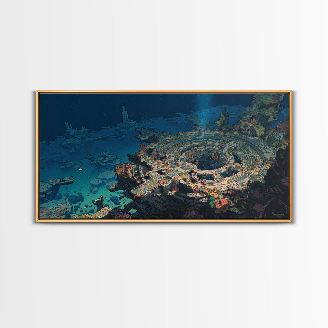 Underwater Futuristic City Wall Art, Sci Fi Ocean Ruins Canvas Print, Afrofuturism Decor, Blue Digital Art For Office Decor