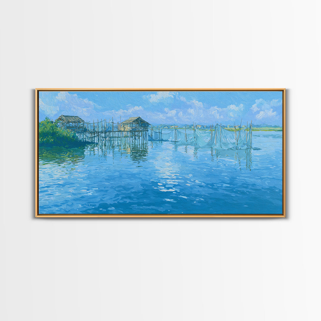 Blue Coastal Fishing Village Wall Art, Serene Water Landscape Canvas Print, Beach Art, Nature Scene Art, Living Room Decor