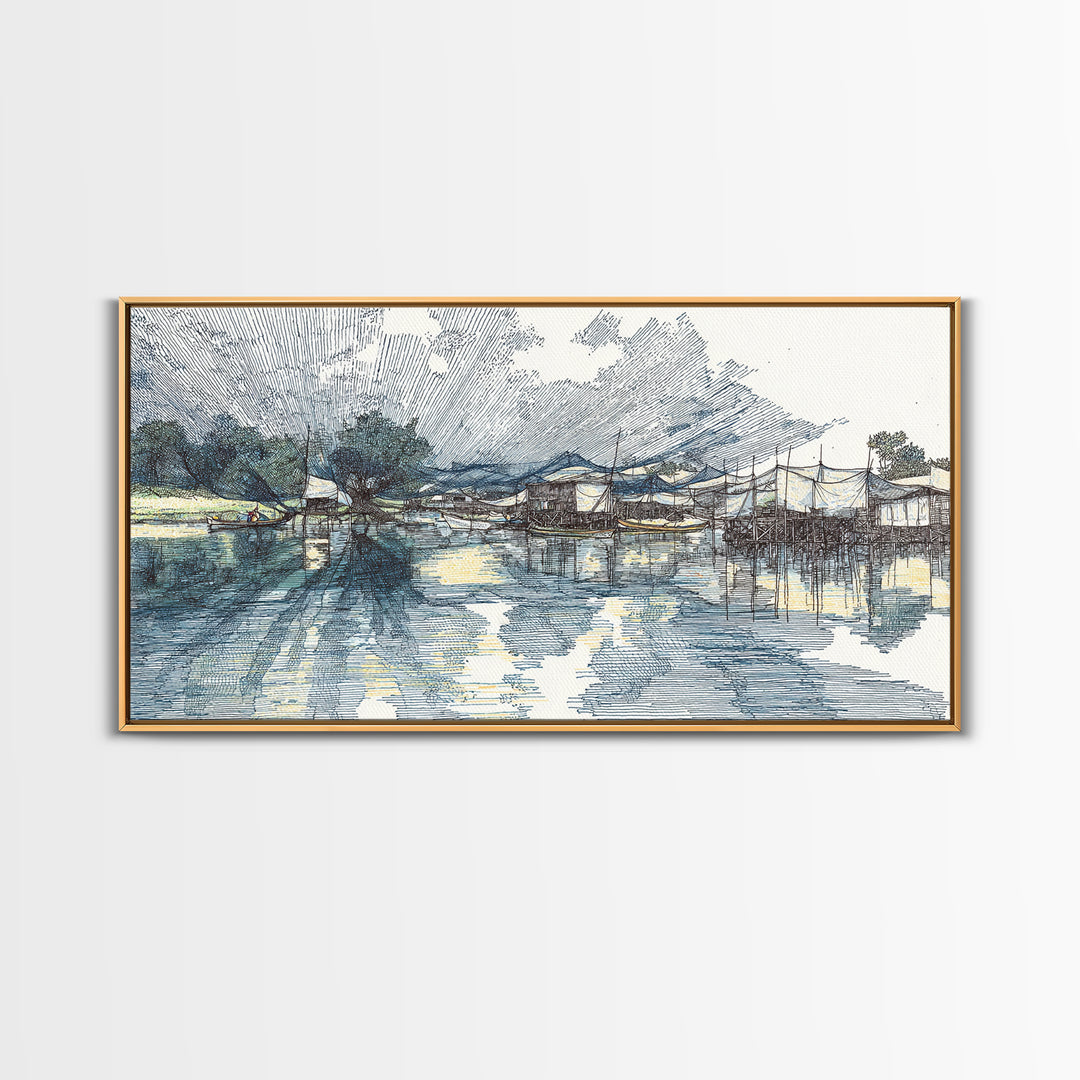Ink Sketch Fishing Harbor Wall Art, Blue Coastal Village Canvas Print, Minimalist Art, Water Reflection, Office Decor Gift