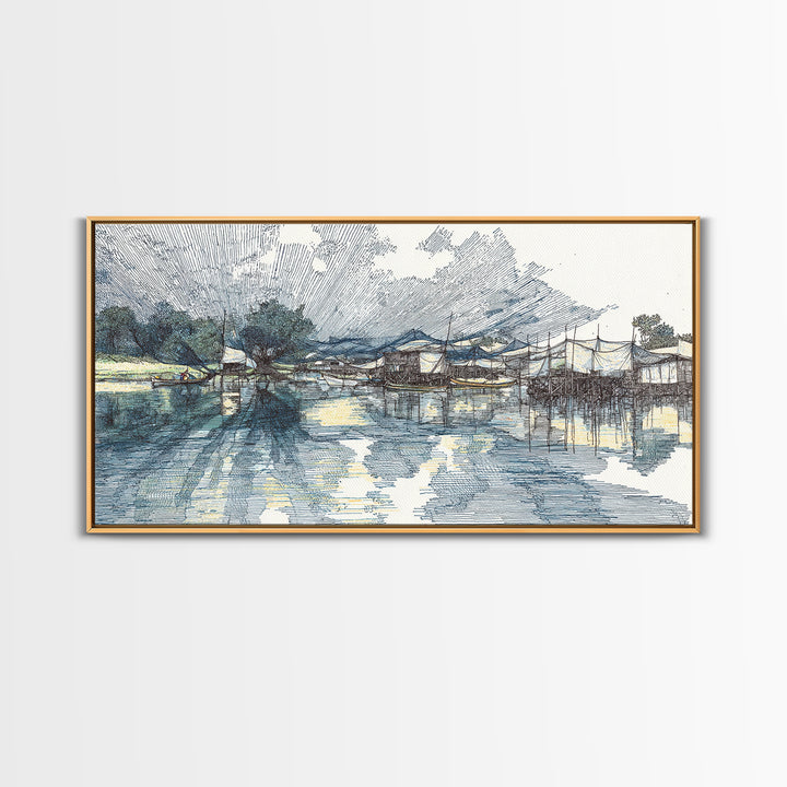 Ink Sketch Fishing Harbor Wall Art, Blue Coastal Village Canvas Print, Minimalist Art, Water Reflection, Office Decor Gift