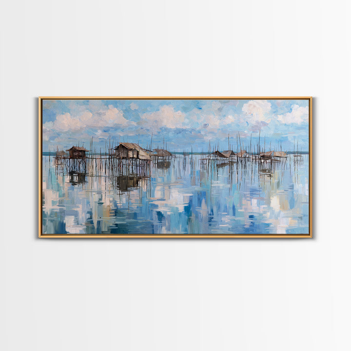 Blue Stilt Village Seascape Reflections Wall Art, Coastal Water Village Canvas Decor, Serene Sky Painting, Living Room Decor