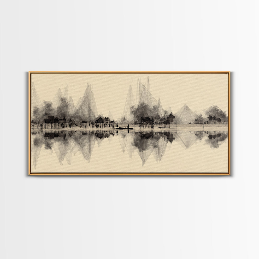 Sepia Ink Lakeside Village Reflections Wall Art, Minimalist Landscape Print, Serene Neutral Decor, Gallery Style Home Decor