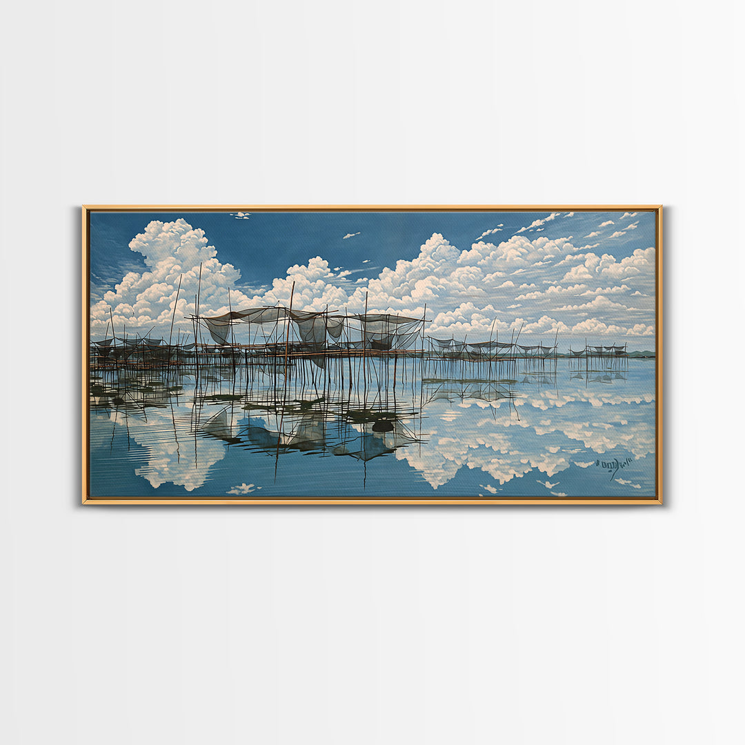 Bright Stilt House Lagoon Reflections Canvas Print, Coastal Sky Wall Decor, Blue Water Landscape Art, Serene Living Room Decor