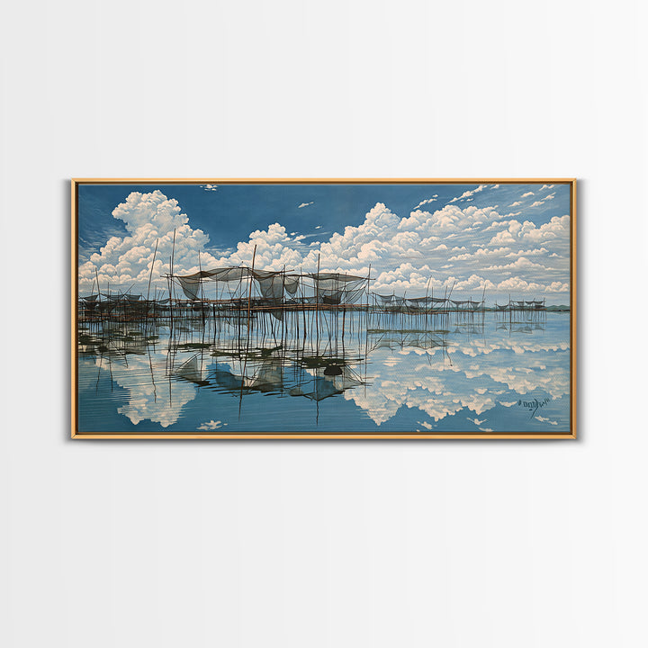 Bright Stilt House Lagoon Reflections Canvas Print, Coastal Sky Wall Decor, Blue Water Landscape Art, Serene Living Room Decor