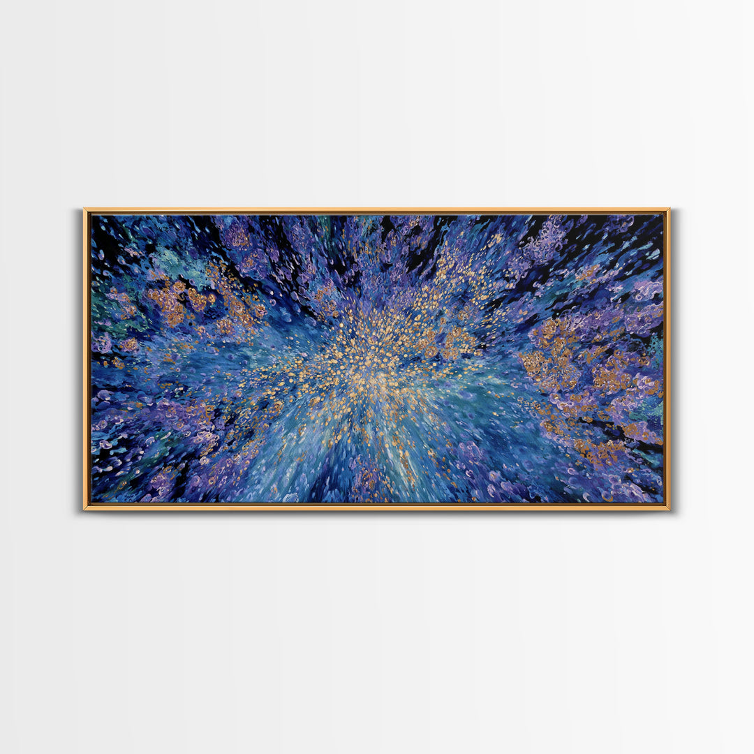 Blue Gold Cosmic Abstract Wall Art, Explosive Modern Canvas Decor, Textured Art Print, Dreamy Statement Living Room Decor