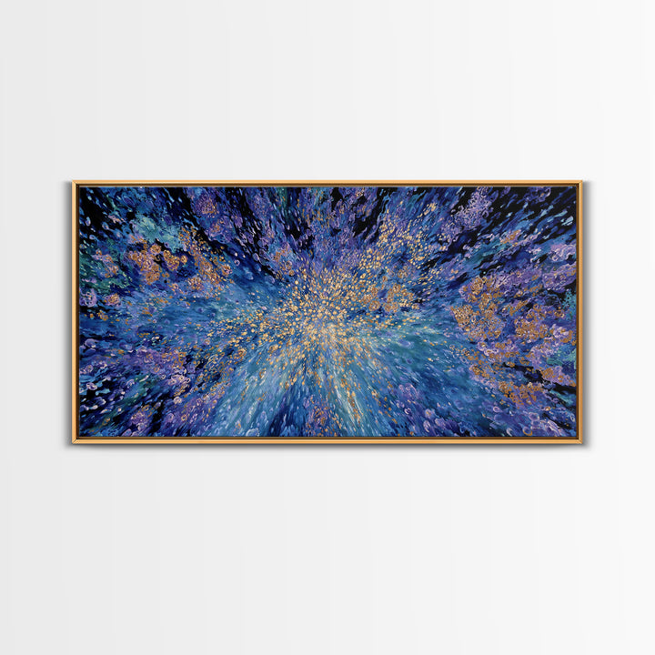 Blue Gold Cosmic Abstract Wall Art, Explosive Modern Canvas Decor, Textured Art Print, Dreamy Statement Living Room Decor