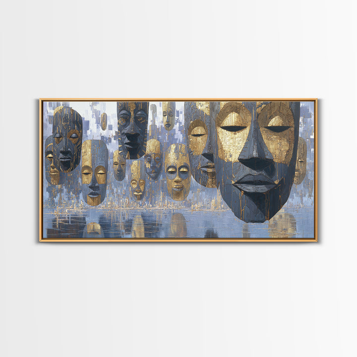 Floating African Mask Framed Canvas Print, Blue Gold Tribal Wall Decor, Modern African Art, Afrocentric Living Room Decor