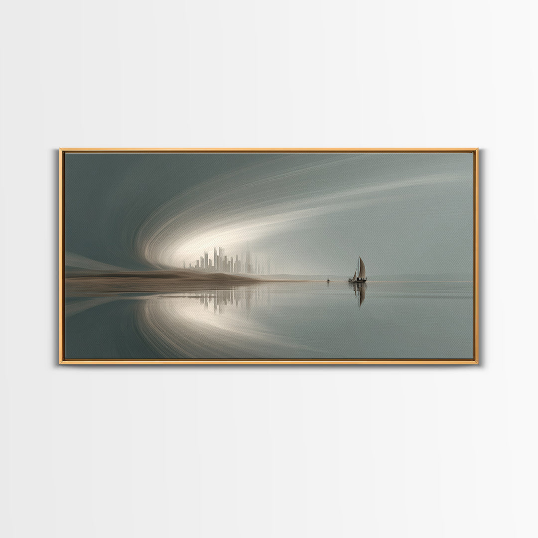 Misty Futuristic Sailboat Wall Art, Serene Coastal Skyline, Modern Minimalist Decor, Dreamy Landscape, Luxury Canvas Print