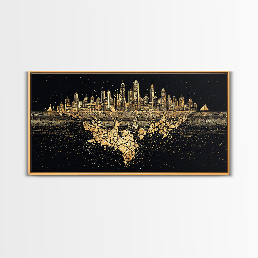 Gold Floating Skyline Wall Art, Black And Gold Art, Modern Cityscape Poster, Abstract Urban Decor, Statement Canvas Print