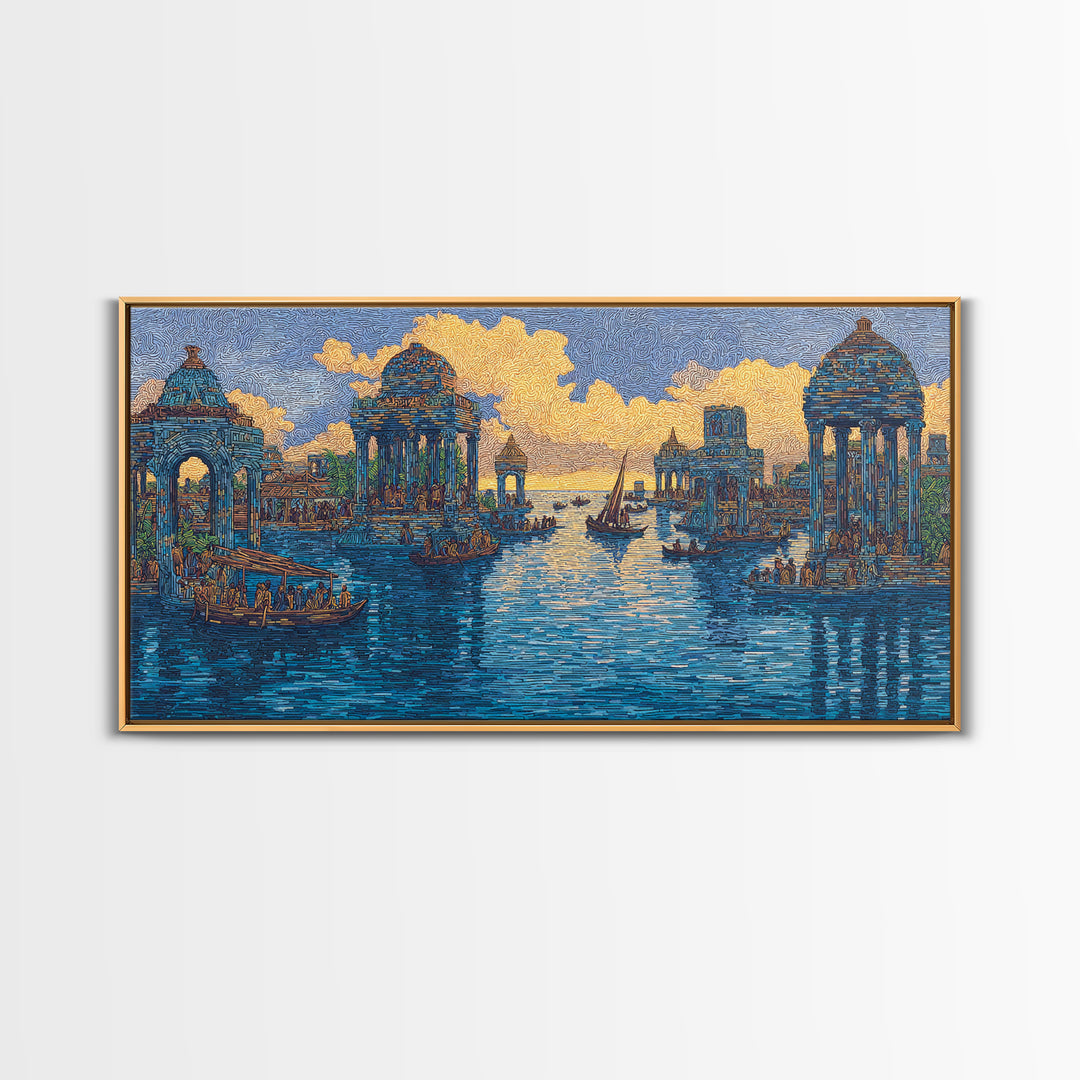 Blue Golden Temple Canal Wall Art, Ancient City Landscape, Cultural Art Print, Dreamy Water Decor, Contemporary Canvas Print