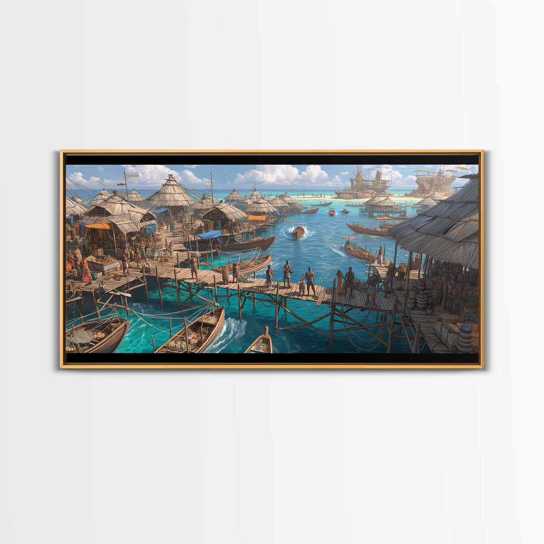 Tropical Stilt Village Wall Art, African Coastal Harbor, Fishing Boats, Teal Water Decor, Safari Travel Canvas Print, Unique Home Decor