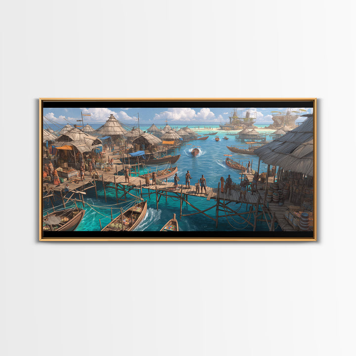 Tropical Stilt Village Wall Art, African Coastal Harbor, Fishing Boats, Teal Water Decor, Safari Travel Canvas Print, Unique Home Decor