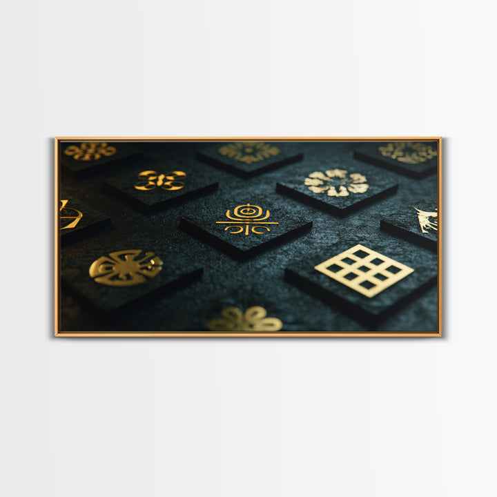 Gold Adinkra Symbols Wall Art, African Patterns Decor, Black And Gold Design, Spiritual Cultural Art, Framed Canvas Print