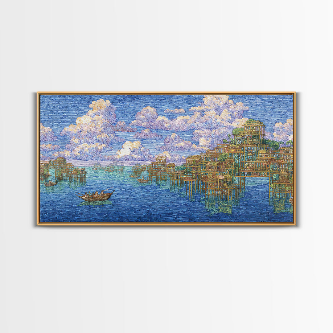 Ocean Stilt Village Wall Art, Blue Coastal Landscape, African Inspired Fishing Boats, Dreamy Clouds, Premium Canvas Print