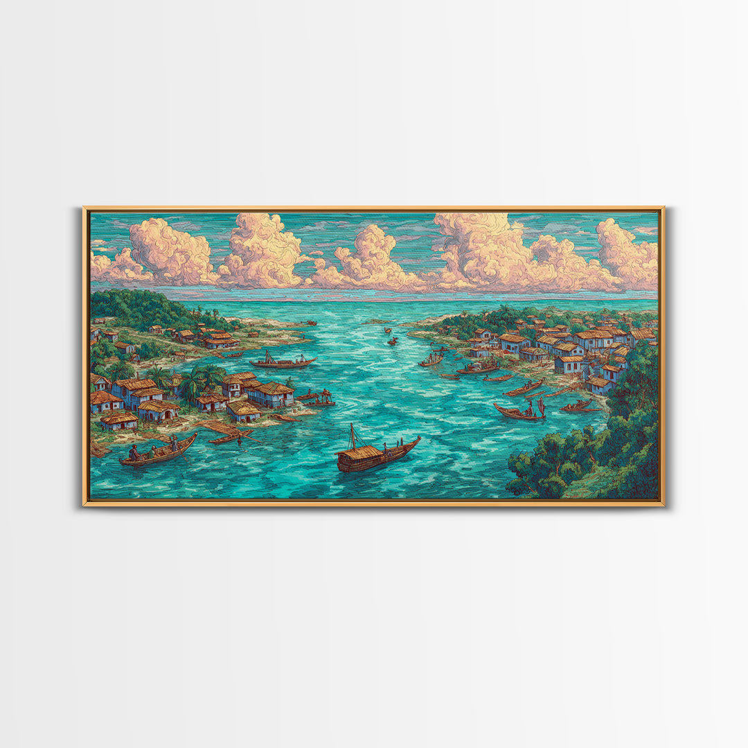 Turquoise Island Fishing Village Wall Art, African Coastal Landscape, Teal Water Decor, Nature Scene Art, Canvas Print Gift
