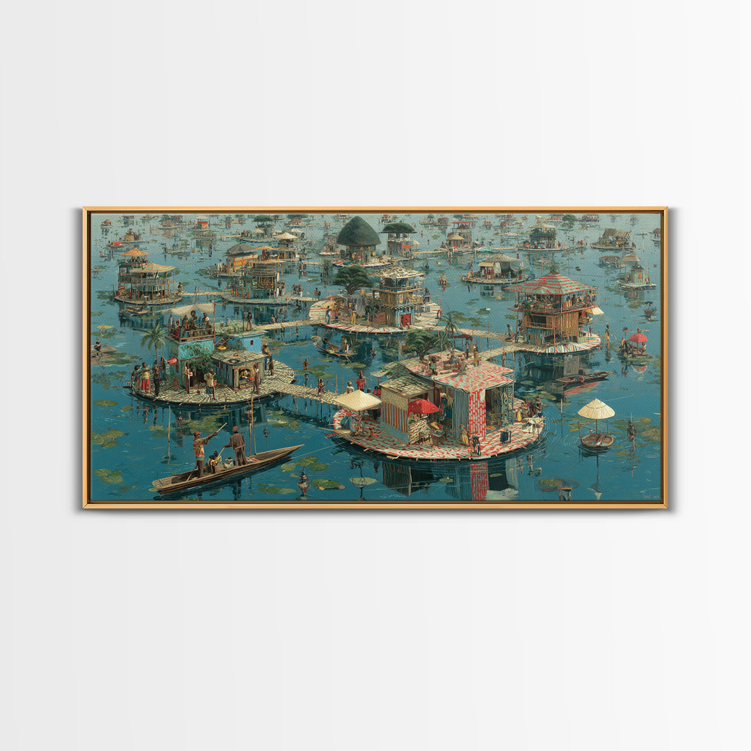 Floating Wetland Village Wall Art, African Water Landscape, Round Island Homes, Boho Coastal Decor, Unique Canvas Print Gift