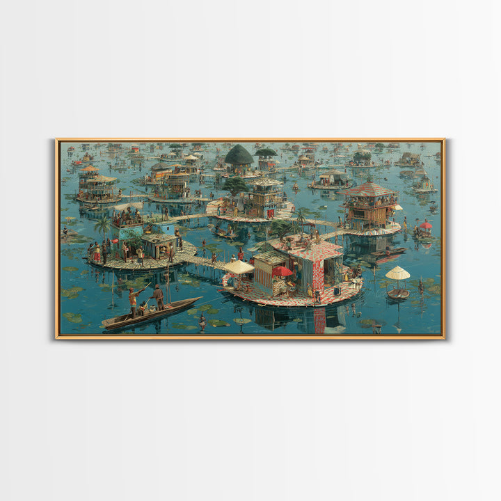 Floating Wetland Village Wall Art, African Water Landscape, Round Island Homes, Boho Coastal Decor, Unique Canvas Print Gift
