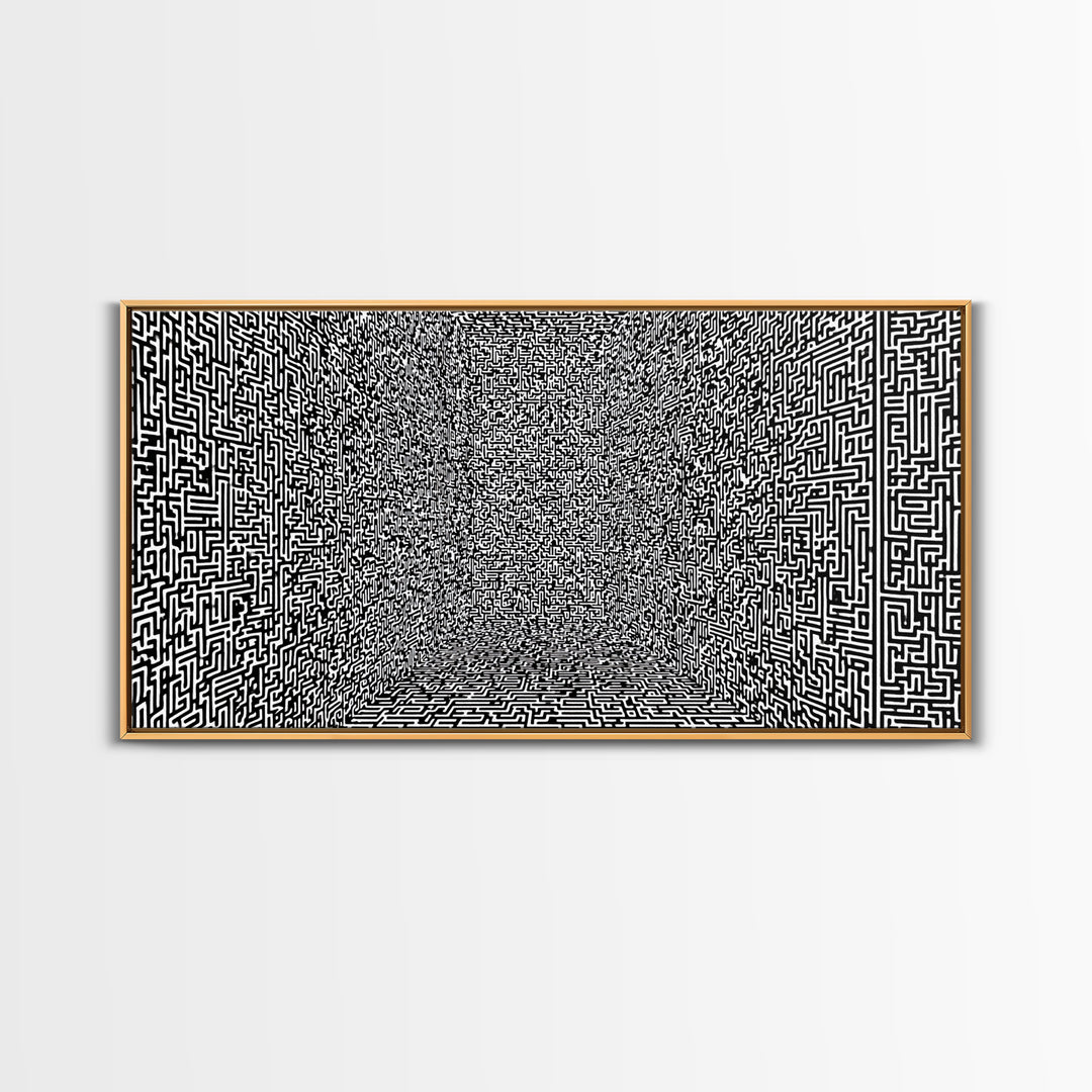 Black And White Optical Maze Room Wall Art, Abstract Geometric Pattern Print, Modern Minimalist Office Decor, Bold Canvas