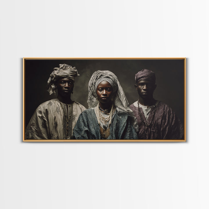 Regal African Trio Portrait Framed Canvas Print, Traditional Headwraps, Afrocentric Wall Decor, Black Culture Portrait Art Gift