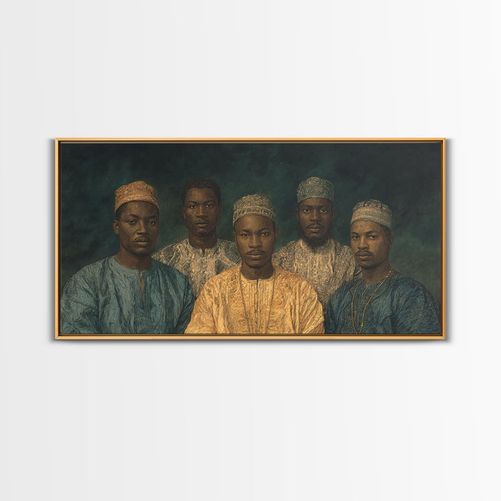 Five African Men In Gold Caps Framed Canvas Print, Textured Royal Portrait Wall Art, Blue Earth Tone Cultural Decor Gift