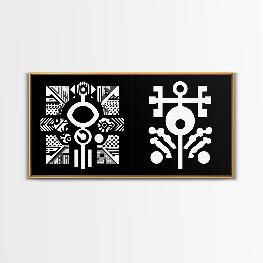 Black And White Adinkra Symbol Wall Art, African Tribal Abstract Canvas Print, Geometric Spiritual Decor, Bold Pattern Gift