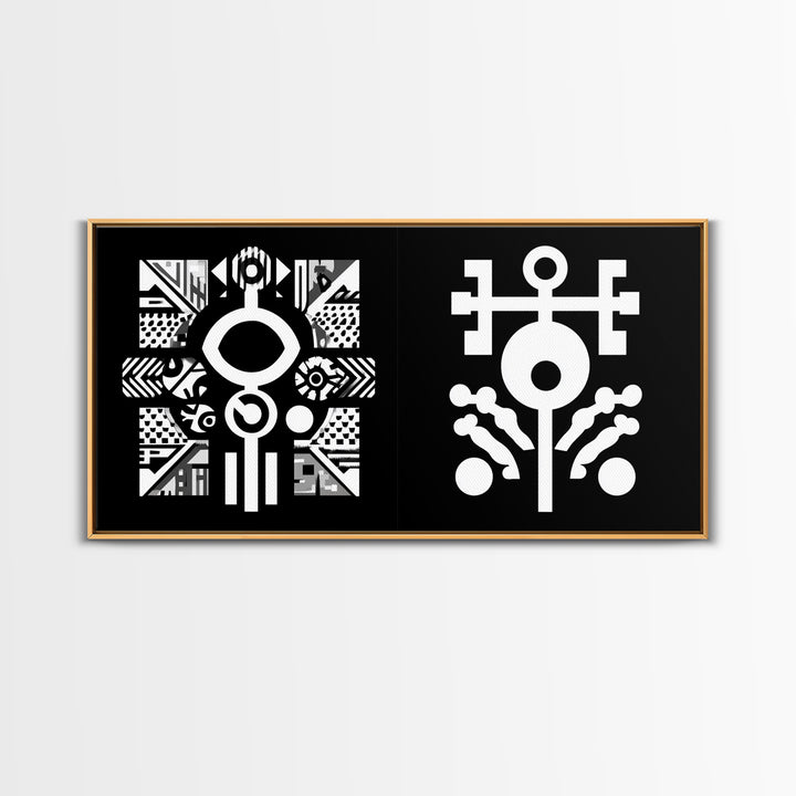 Black And White Adinkra Symbol Wall Art, African Tribal Abstract Canvas Print, Geometric Spiritual Decor, Bold Pattern Gift