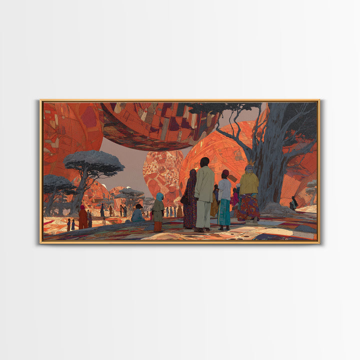 Futuristic Orange Baobab Village Wall Art, African Landscape Canvas Print, Afrocentric Safari Decor, Dreamy Cultural Artwork