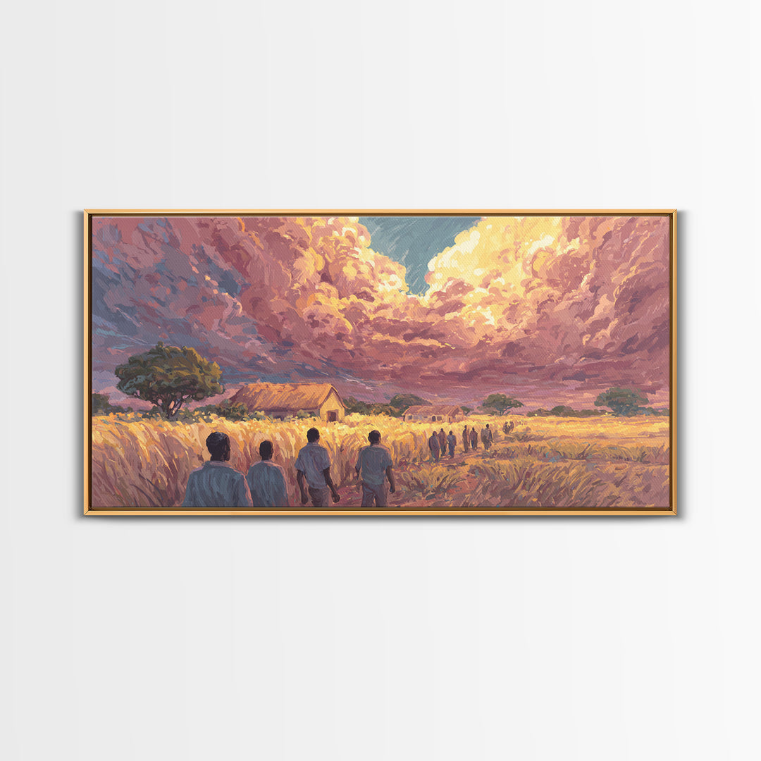 African Village Sunset Walk Wall Art, Rural Landscape Painting, Motherland Decor, African Safari Art, Boho Home Decor Gift