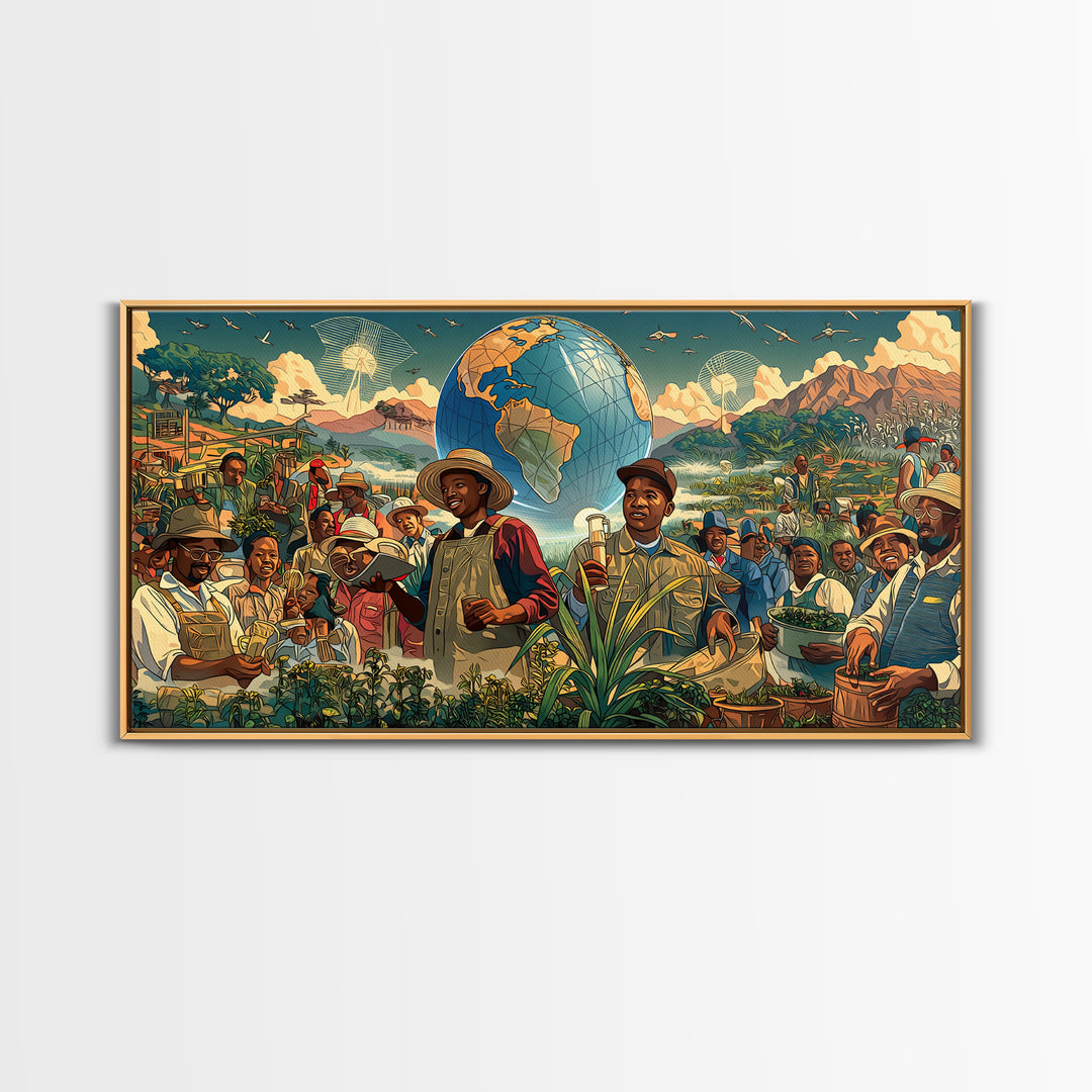 Joyful African Farmers And Floating Globe Wall Art, Afrofuturism Decor, Cultural Art Print, Colorful Africa Poster Print