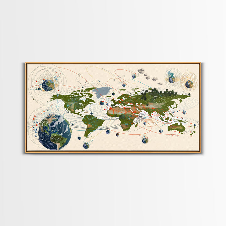Global Network Map With Africa Orbitals Wall Art, Digital World Map Art, Modern Office Decor, Futuristic Abstract Art Print