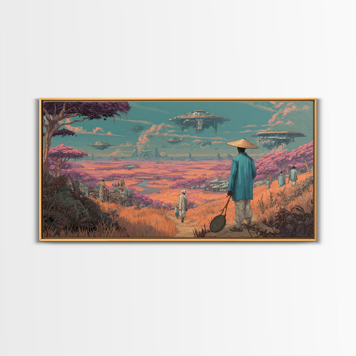 Afrofuturist Traveler In Pink Alien Savannah Canvas Print, African Sci Fi Wall Art, Dreamy Landscape, Unique Home Decor