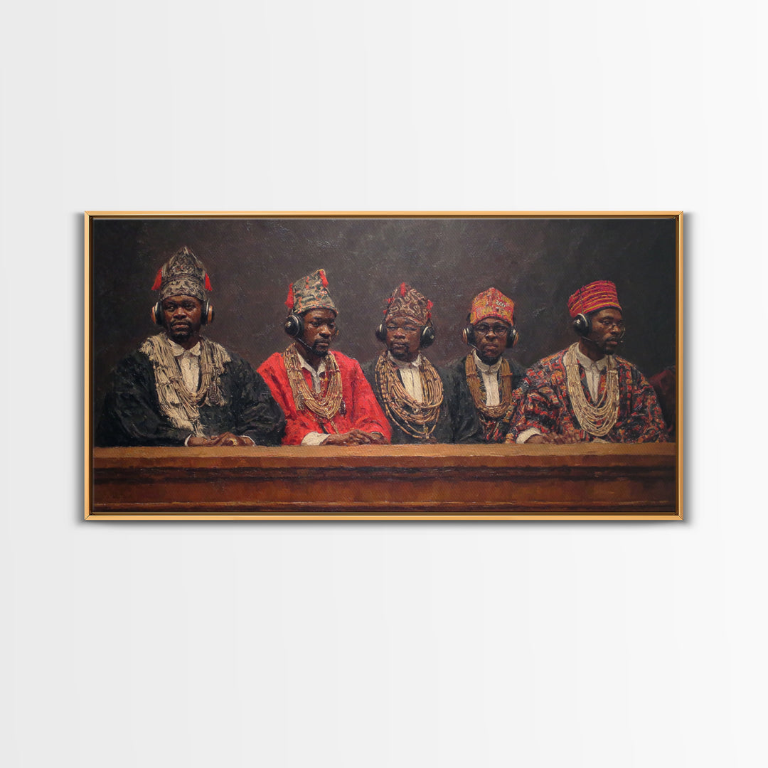 Traditional African Tribunal With Ornate Hats Wall Art, Tribal Queen Art, Cultural Portrait, Black History Gift, Bold Decor
