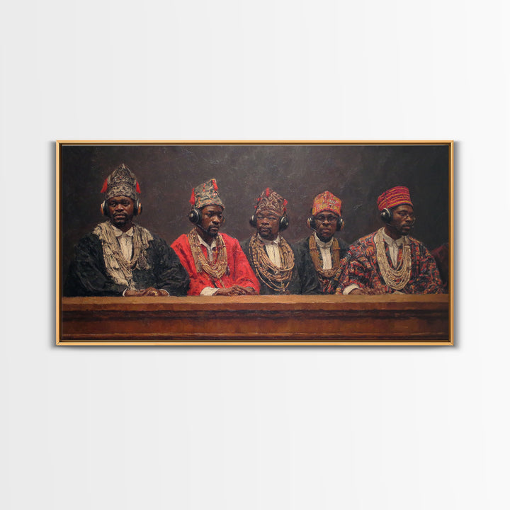 Traditional African Tribunal With Ornate Hats Wall Art, Tribal Queen Art, Cultural Portrait, Black History Gift, Bold Decor