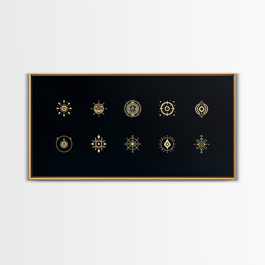 Gold African Tribal Sun Symbols On Black Canvas Print, Minimalist Afrocentric Wall Art, Spiritual Decor, Ethnic Pattern Art