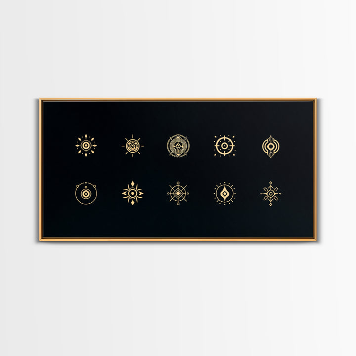 Gold African Tribal Sun Symbols On Black Canvas Print, Minimalist Afrocentric Wall Art, Spiritual Decor, Ethnic Pattern Art