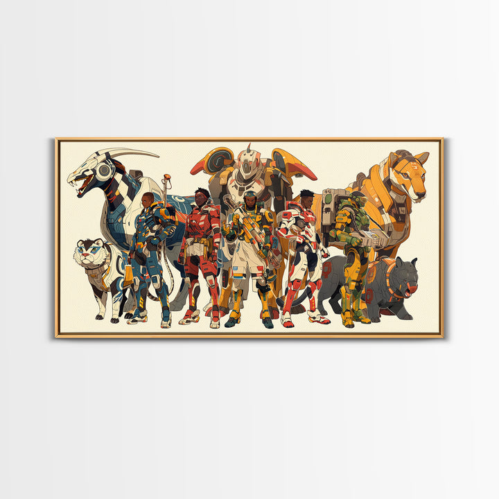 Futuristic African Riders Wall Art, Afrofuturism Canvas Print, Animal Warrior Art Decor For Kids Gaming Room Gallery Decor