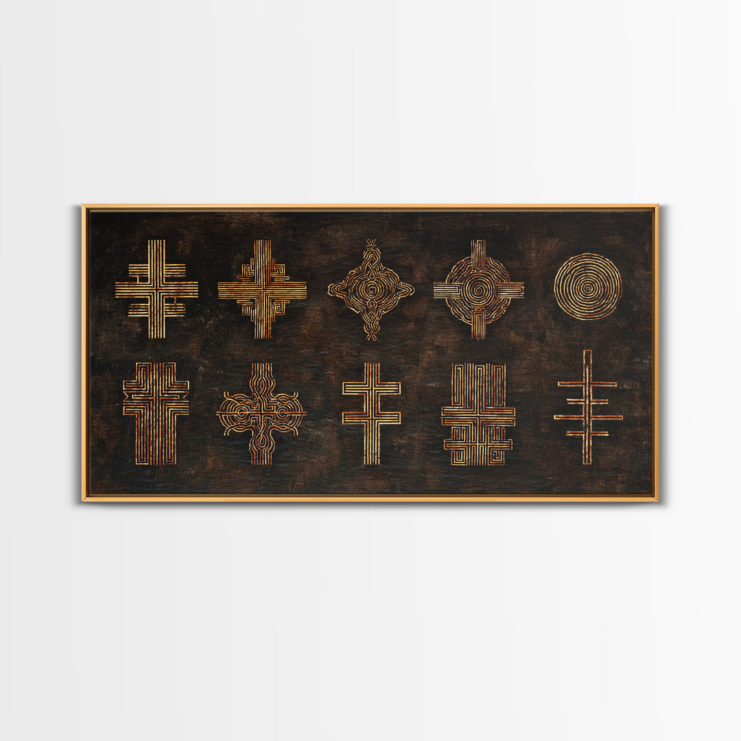 Gold Tribal Cross Symbols On Dark Texture Wall Art, African Patterns, Abstract African Art, Cultural Wall Decor, Modern Canvas