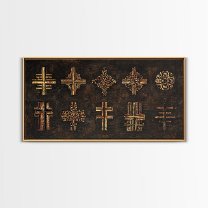 Gold Tribal Cross Symbols On Dark Texture Wall Art, African Patterns, Abstract African Art, Cultural Wall Decor, Modern Canvas