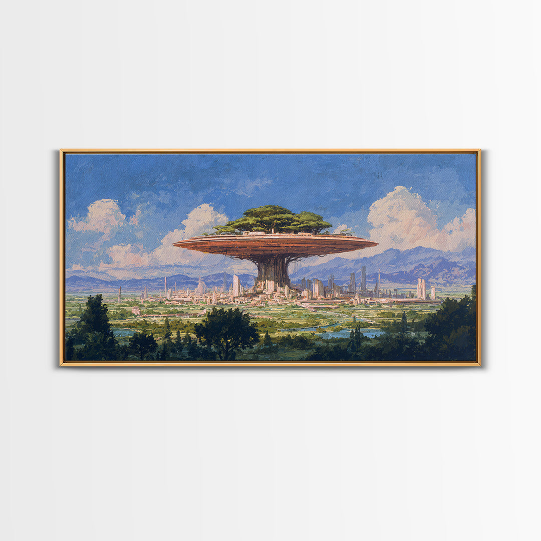Floating Acacia Tree City Under Blue Sky Canvas Print, African Landscape, Modern Canvas Art, Serengeti Wall Art, Unique Home Decor