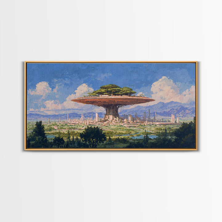 Floating Acacia Tree City Under Blue Sky Canvas Print, African Landscape, Modern Canvas Art, Serengeti Wall Art, Unique Home Decor