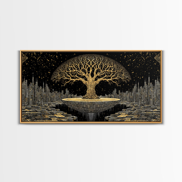 Golden Tree Of Life Over Futuristic City Wall Art, Black And Gold Art, Spiritual Wall Art, African Inspired, Statement Decor